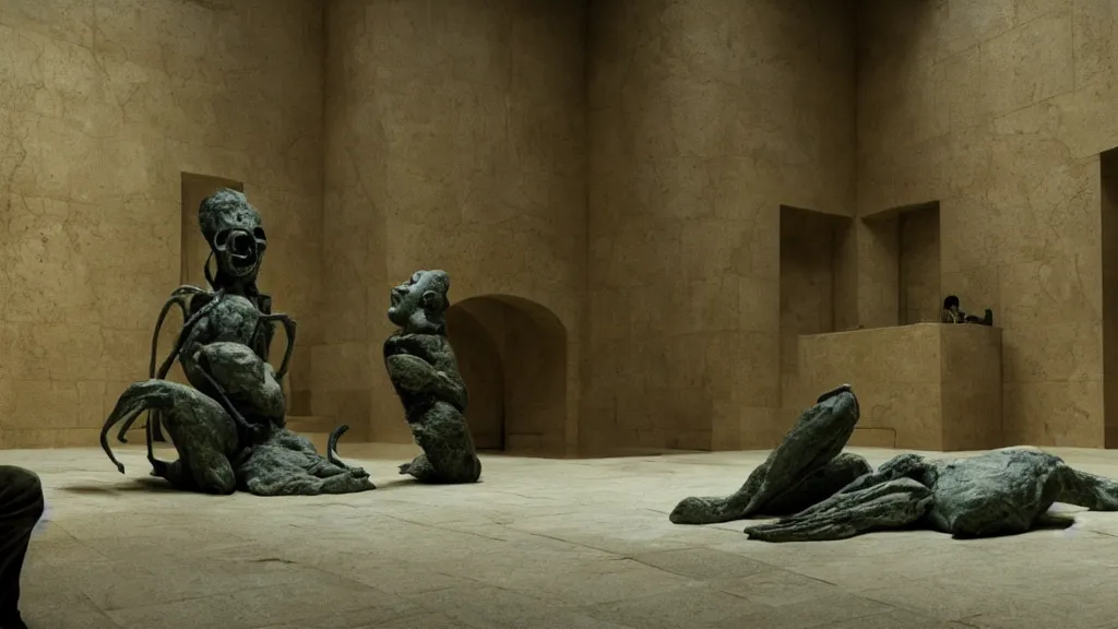 Image similar to the strange creature in court, made of stone and water, film still from the movie directed by Denis Villeneuve with art direction by Salvador Dalí,