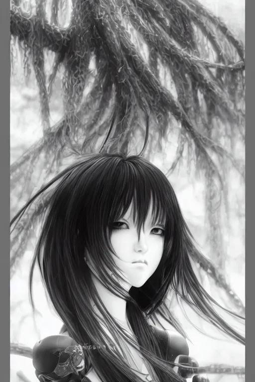 Image similar to a vertical portrait of a character in a scenic environment by Yoshitaka Amano, black and white, dreamy, cybernetic, wavy long black hair, highly detailed