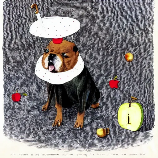 Prompt: dog trying to eat apple core under on a butler cloche dome