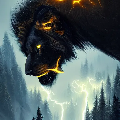 Prompt: epic black lion with gold lightnings in the fur surrounded by ancient forest, colossal scale ,hyperdetailed, artstation, cgsociety, 8k, illustration, rutkowski, raphael lacoste, magali villeneuve