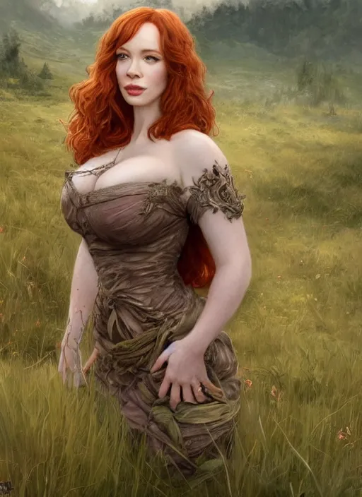 Image similar to Christina Hendricks taking a rest in a meadow after an long adventure, a ruggedly muscled handsome heroine, intricate, elegant, highly detailed, centered, digital painting, artstation, concept art, smooth, sharp focus, illustration, artgerm, donato giancola, Joseph Christian Leyendecker, WLOP, Artgerm, thunder storm