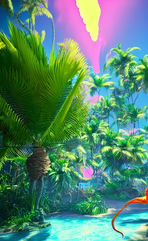 Image similar to unreal engine 5 8 k uhd render of an flamingocore tropicalwave junglepunk abstrafractalmancer, photorealistic, animal photography, photo safari, fashion shoot, lush tropical surroundings, volumetric lighting, sunlight, 1 0 5 mm lens