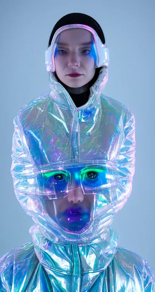 Image similar to an ultra high definition professional studio quality photograph of an artificially intelligent cyberpunk art influencer wearing a transparent iridescent pastel coloured face visor and matching bubbly puffy raincoat on white coat hook in a sheer icelandic black rock environment. three point light. dramatic lighting. volumetric shadows. light rays