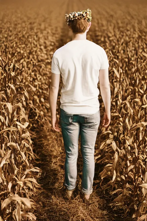 Image similar to agfa vista 4 0 0 photograph of a skinny blonde guy standing in a dark cornfield, flower crown, back view, grain, moody lighting, moody vibe, telephoto, 9 0 s vibe, blurry background, vaporwave colors!, faded!,