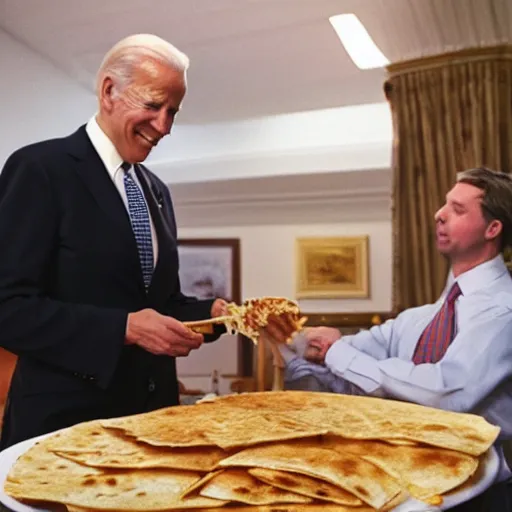 Image similar to jesus giving joe biden a quesadilla from heaven, cinematic lighting, film still