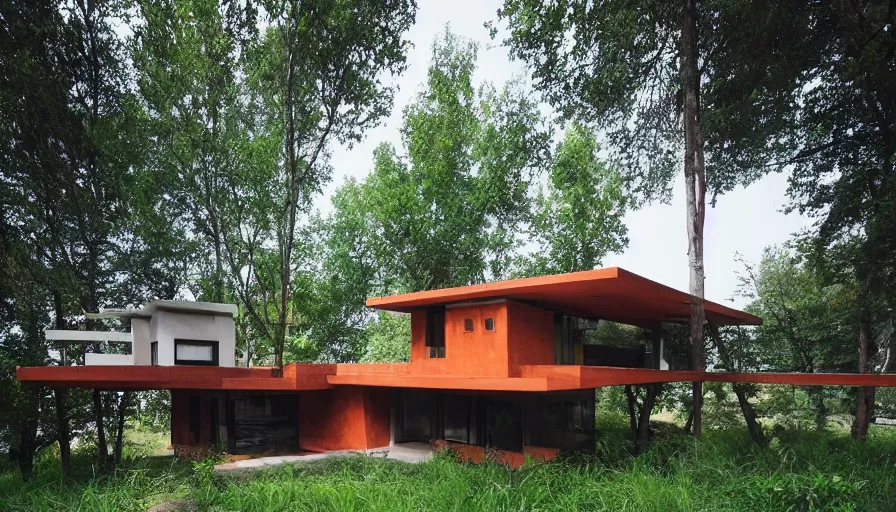 Image similar to small modern house, tibetan inspired architecture, on a green hill between trees, frank lloyd wright, photorealistic, cyberpunk