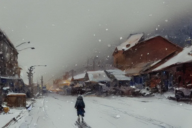 Image similar to small painting centered on white watercolor paper, paint brush strokes, abstract watercolor painting of western town, snowy weather, winter, american frontier, midday sharp light, dust, cinematic light, american romanticism by hans dahl, by jesper ejsing, by anders zorn, by greg rutkowski, by greg manchess, by tyler edlin