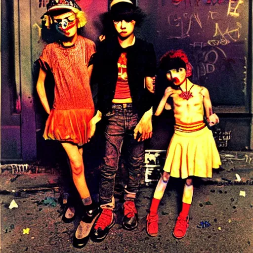 Prompt: night flash color portrait photography of punk kids on the lower east side by diane arbus, colorful!, nighttime!, raining!