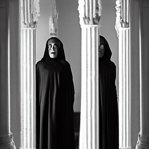 Image similar to nightmare vision, black and white, award winning photo of smiling levitating twin nuns, wearing translucent sheet, Mary in a sanctuary, mirror hallways, eerie, tall columns, frightening —width 1024 —height 1024