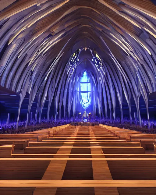 Image similar to crowd in a futuristic church, priest, pews, ethereal, inviting, bright, unreal engine, hyper realism, realistic shading, cinematic composition, realistic render, octane render, detailed textures, photorealistic, wide shot