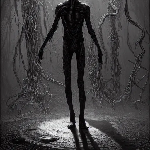 Image similar to photorealistic eldritch alien slenderman in the style of michael whelan and gustave dore. by greg rutkowski. hyperdetailed photorealism, 1 0 8 megapixels, amazing depth, high resolution, 3 d shading, 3 d finalrender, 3 d cinematic lighting, psychedelic overtones, artstation concept art.