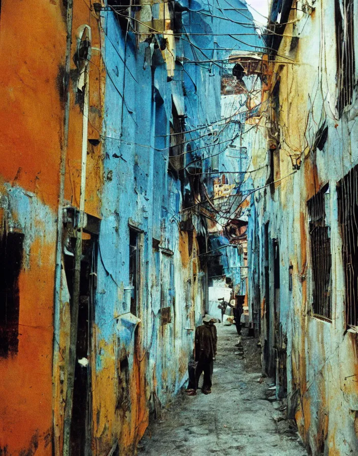 Image similar to vintage color photo of a liquid gold sculpture in a south american alley, image by werner herzog