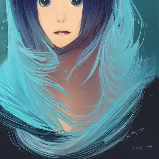 Prompt: water dripping on rimuru tempest, heavenly ripples, sky blue straight hair, bangs, with amber eyes, black jacket, high collar, ultra detailed, euphoric, masterpiece, digital painting, psychedelic, cinematic, wlop, pixiv, swirly, ilya kuvshinov, andy warhol