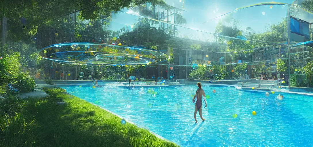 Image similar to view of a utopian outdoor solarpunk pool, empty, blue clear skies, waves, bubbles, reflections, refractions, caustics, dappled light, cinematic lighting, ultra detailed, sharp, ambient occlusion, raytracing, 3 d artstation render by greg rutowski, finnian macmanus and jessica rossier