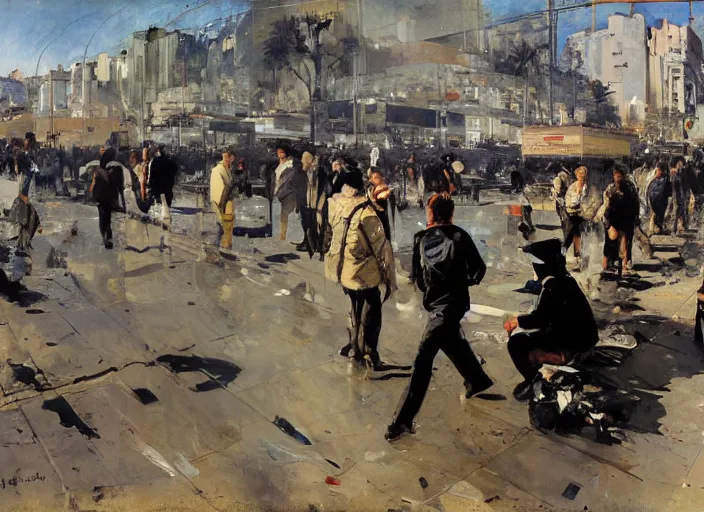 Prompt: a man protesting in a dystopian santiago de chile paseo ahumada by john berkey and manet