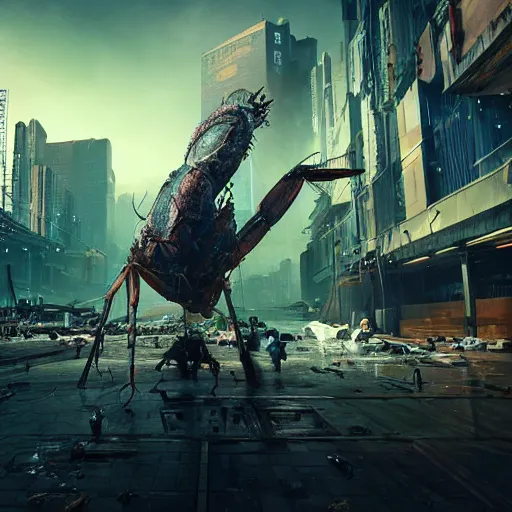 Image similar to a giant shrimp standing in a dystopian city, cyberpunk, dystopian, god, evil, villain, sharp focus, dynamic lights, still, photograph, hyper realistic, masterpiece, digital, octane render, rendered, 3 d, cinematic, cinematic lighting, dramatic lighting, highly detailed, intricate details, texture, cinematic composition, by donglu yu and kevin jick and eddie del rio