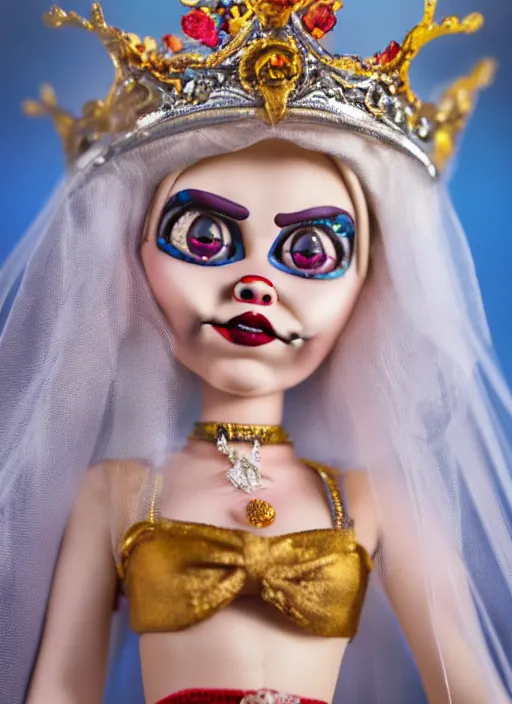 Image similar to closeup face profile portrait of tin toy bride of chucky as a fairytale princess wearing a crown eating cakes, bikini, depth of field, zeiss lens, detailed, symmetrical, centered, fashion photoshoot, by nicoletta ceccoli, mark ryden, lostfish, breathtaking, 8 k resolution, extremely detailed, beautiful, establishing shot, artistic, hyperrealistic, octane render