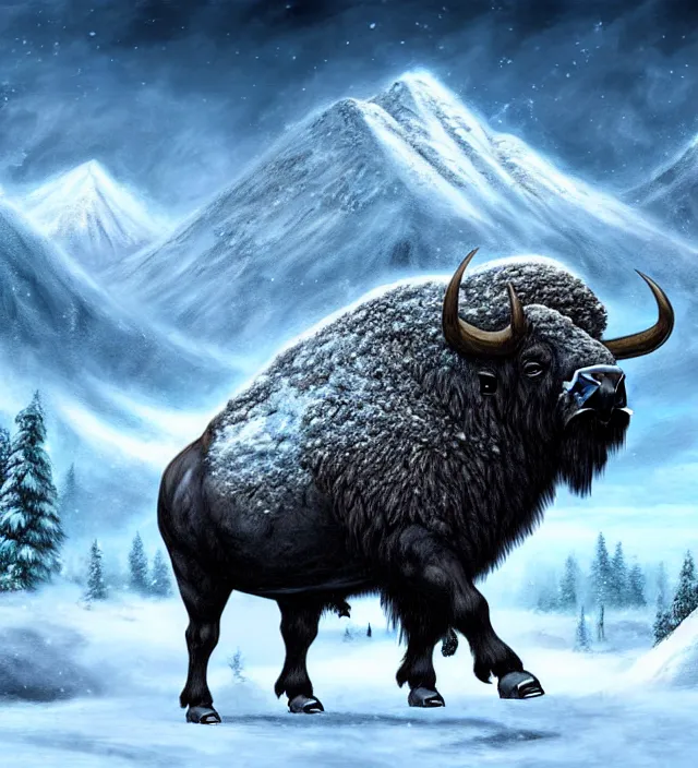 Prompt: a huge titan buffalo with snow forests on it, fantasy art, d & d art, digital art, concept art