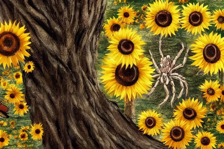 Prompt: a cut tree trunk with sunflowers around it, giant spider in the background, concept art, artstation