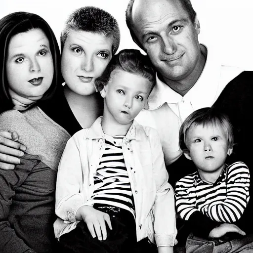 Image similar to symmetrical human 1 9 9 0 s family portrait of the simpsons, grainy high contrast black and white photography photo print ilford warm tone, high definition studio photograph