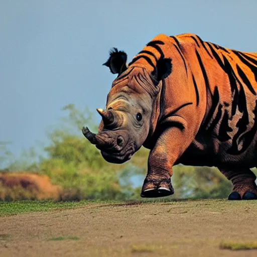 Image similar to a hairy rhino with the colours of a tiger.