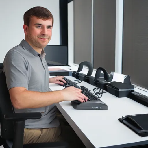 Prompt: Professional portrait photo of a man holding a mechanical keyboard, studio quality lighting