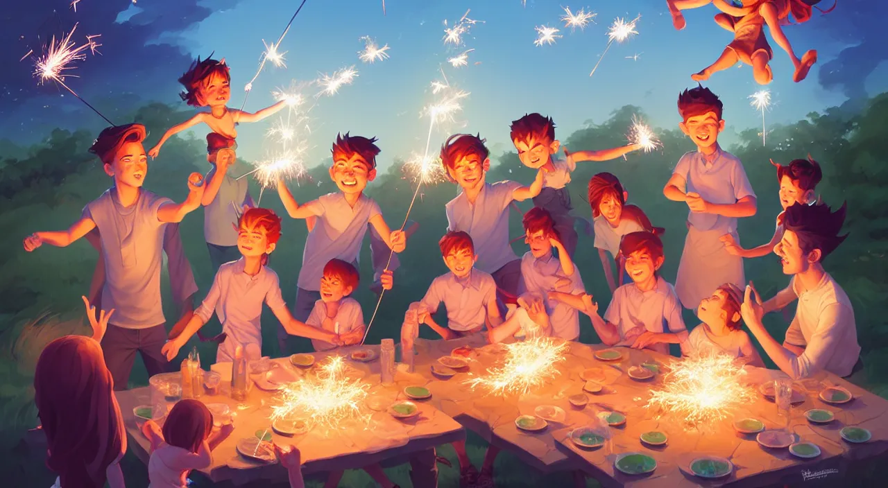 Image similar to family out in their back yard having a birthday party carrying sparklers, in marble incrusted of legends official fanart behance hd by Jesper Ejsing, by RHADS, Makoto Shinkai and Lois van baarle, ilya kuvshinov, rossdraws global illumination