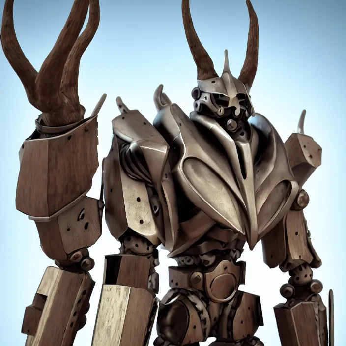 Image similar to warforged druid male anime character, wolf armor, wooden antlers, made of wood, made of metal, large robot, wolves, knight, medieval castle, wolf pack following, 3 d render beeple, realistic detailed octane render, pop up parade figure