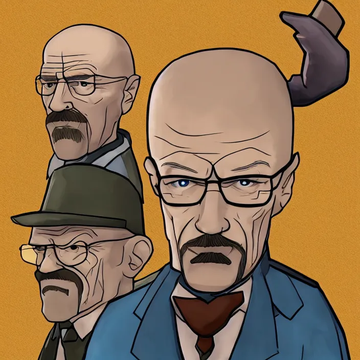 Image similar to walter white as a character in the game league of legends, with a background based on the game league of legends, detailed face