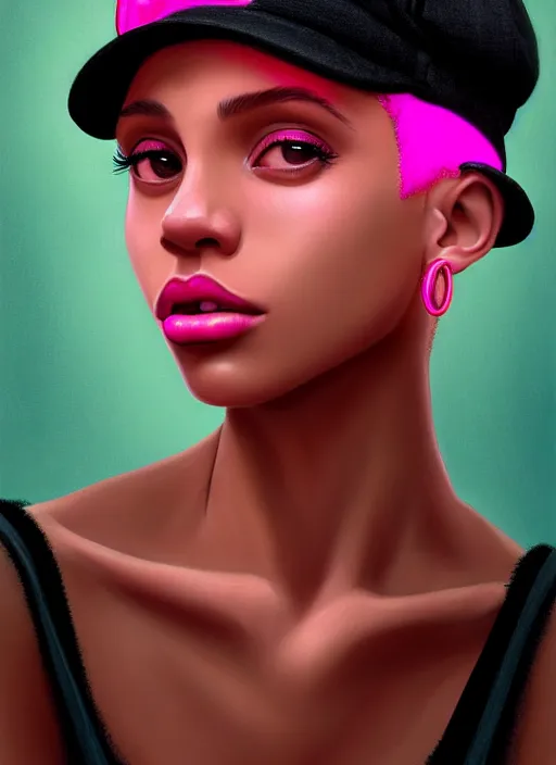 Image similar to portrait of teenage vanessa morgan with bright pink hair, black girl, vanessa morgan, curly pixie cut hair, wearing newsboy cap, newsboy cap, hoop earrings, intricate, elegant, glowing lights, highly detailed, digital painting, artstation, concept art, smooth, sharp focus, illustration, art by wlop, mars ravelo and greg rutkowski