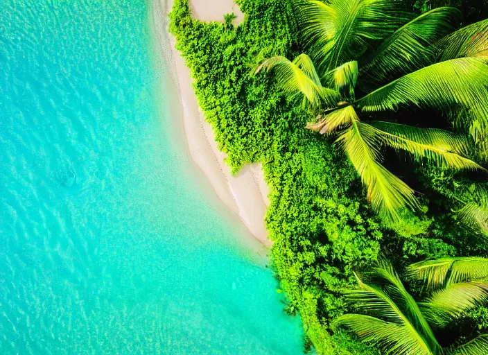 Image similar to aerial view of a beautiful beach with tropical trees, sunny day, cinematic, beautiful light, photo realistic