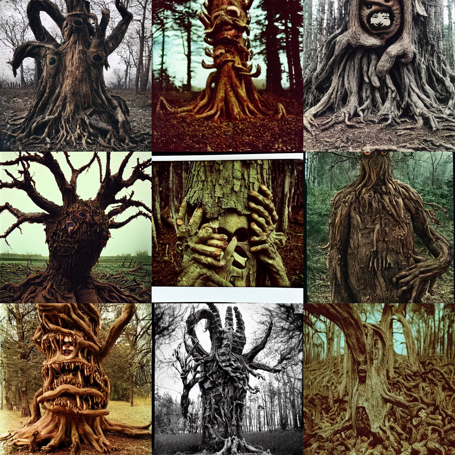 Prompt: a terrifying tree monster with distorted faces made of bark harvesting mushrooms, lovecratftian horror, pans labyrinth, shot on expired instamatic film