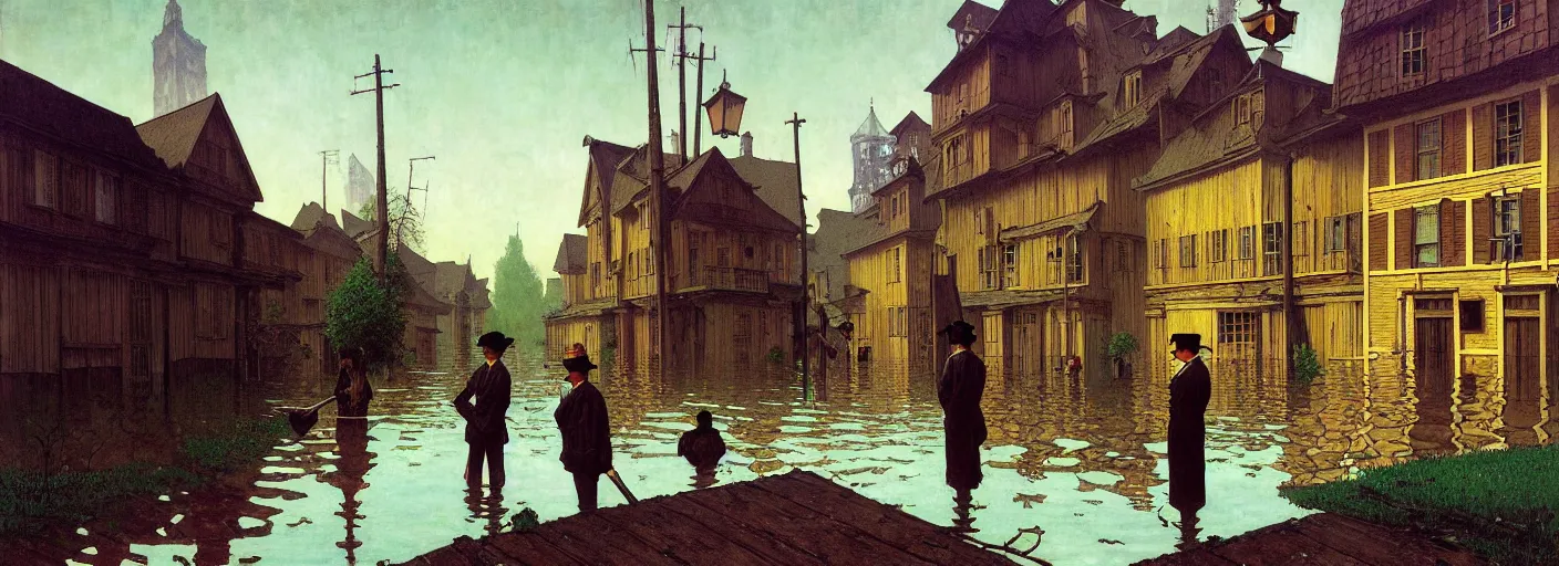 Image similar to flooded old wooden city street, very coherent and colorful high contrast masterpiece by norman rockwell rene magritte simon stalenhag carl spitzweg jim burns, full - length view, dark shadows, sunny day, hard lighting, reference sheet white background