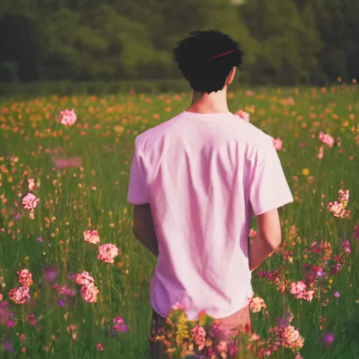 Prompt: kodak portra 4 0 0 photograph of a skinny goth guy standing far back in a field of flowers, back view, flower crown, moody lighting, telephoto, 9 0 s vibe, blurry background, vaporwave colors, faded!,