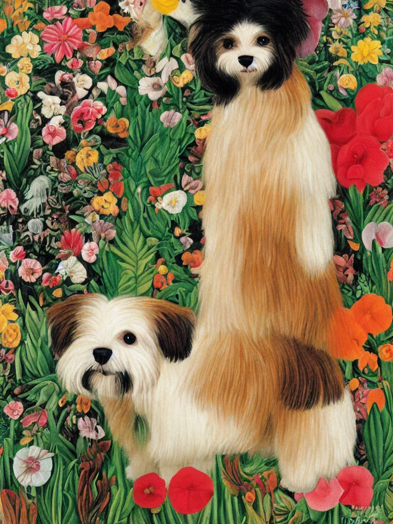 Image similar to a cream colored havanese dog as with a unibrow, surreal background, plants and flowers, naive art, by frida kahlo