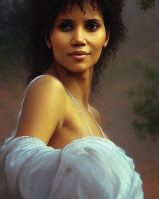 Image similar to beautiful glorious realistic oil painting of young halle berry, bokeh, baroque style by bouguereau, sunset, highly detailed, 8 k intricate