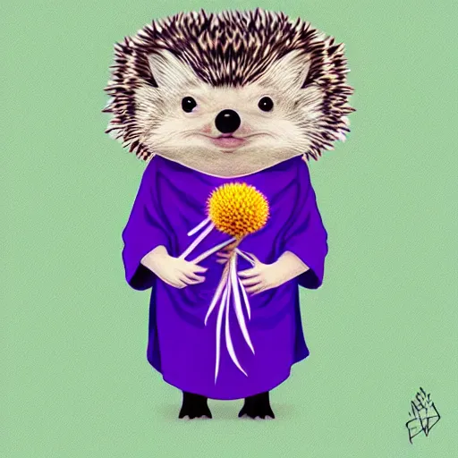 Image similar to adorable hedgehog in a kimono, holding a purple dandelion, art, digital art