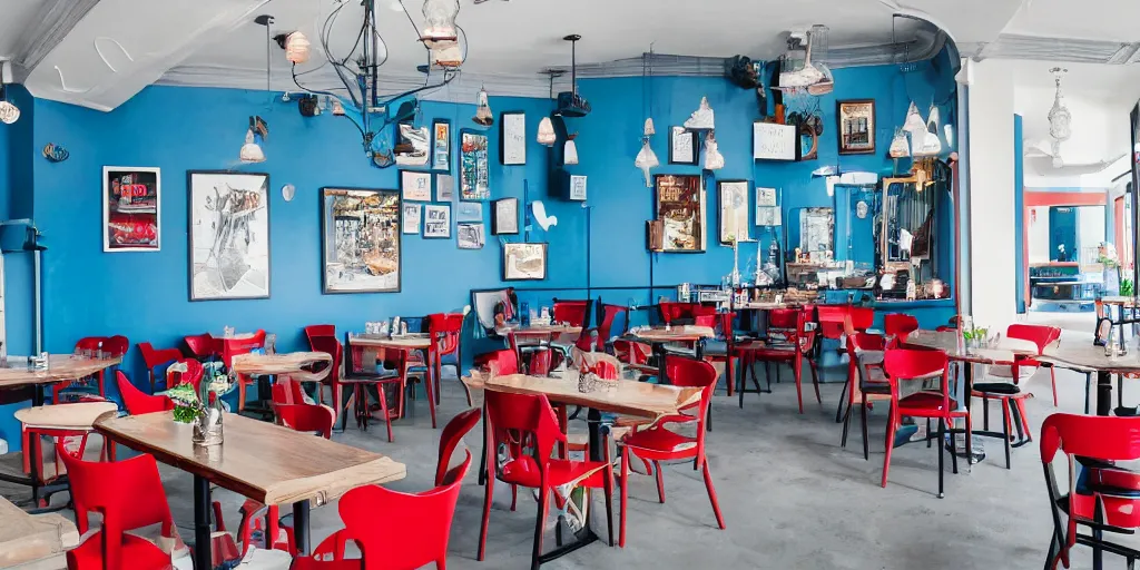 Image similar to cafe interior, blue and red tones