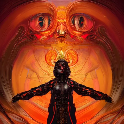 Prompt: deity starring into the camera, fixed eyes, flowing black coat with glowing neon orange trim, inside a museum, colorful, surreal, dramatic lighting, face, detailed, intricate, elegant, highly detailed, digital painting, artstation,, concept art, smooth, sharp focus, illustration, art by sam spratt, dan mumford, artem demura and alphonse mucha