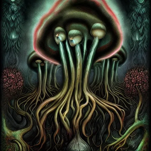 Prompt: the dark and ominous mushroom spirit tribe that wants you to bite off your own tongue so they can keep it for themselves, in a psychedelic darkfantasy style by amanda sage and anton semenov