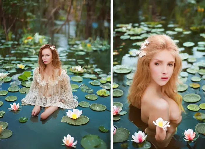 Image similar to Kodak Portra 400, 8K, soft light, volumetric lighting, highly detailed, britt marling style 3/4, photo close-up portrait of extreme beautiful girl floating in water surrounded by lily pads, half face in the water, a beautiful lace dress and hair are intricate with highly detailed realistic beautiful flowers , Realistic, Refined, Highly Detailed, natural outdoor soft pastel lighting colors scheme, outdoor fine art photography, Hyper realistic, photo realistic