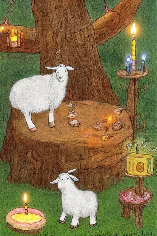 Prompt: an elderly goat with a long white beard, sitting in front of a birthday cake with lit candles, in the style of a children's book illustration, by elsa beskow, cute, highly detailed digital art