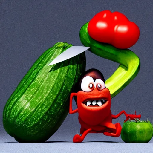 Image similar to detailed 3 d render of an angry zucchini character chasing a tomato figure with a knife in hand, hyper realistic octane render, dramatic scene, nightmare, surrealism, pixar, disney, cartoon