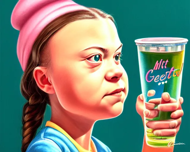 Image similar to closeup profile portrait of a greta thunberg drinking soda in a 1 9 5 0 s diner, nicoletta ceccoli, mark ryden, lostfish, max fleischer, hyper realistic, artstation, illustration, digital paint, matte paint, vivid colors, bright, cheerful, detailed and intricate environment