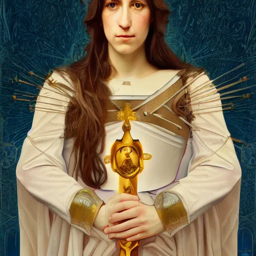 Image similar to portrait of charlotte gainsbourg as joan of arc, hyperreal digital painting, iconography influenced by alphonse mucha and eugene delacroix, arstation and deviantart trends, high resolution 8 k