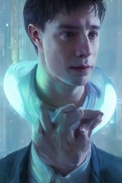 Image similar to portrait of Ron Wisly from harry potter in cyberpunk, neon lighting, night city, digital art from artstation by Ruan Jia and Mandy Jurgens and Artgerm and william-adolphe bouguereau and Greg Rutkowski and Wayne Barlowe