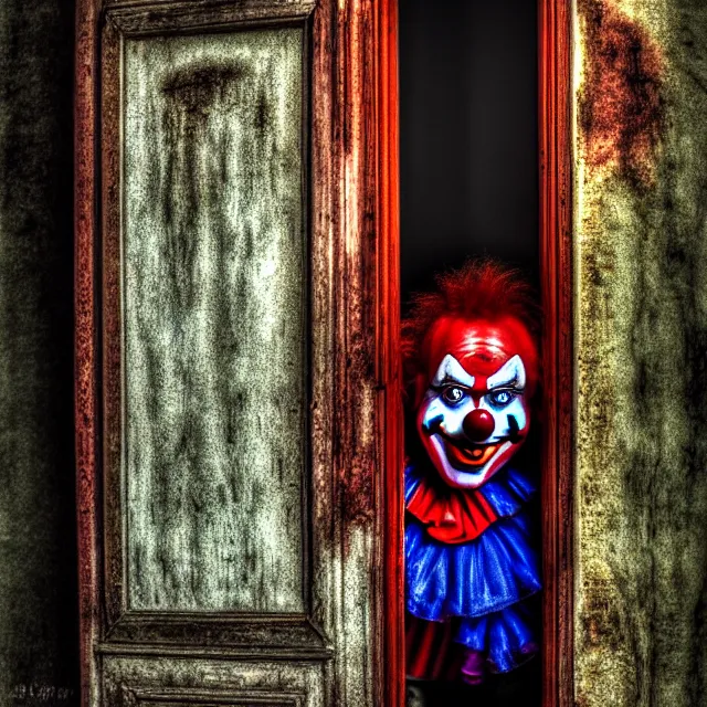 Image similar to creepy clown peering round a doorway, highly detailed, 8 k, hdr, smooth, sharp focus, high resolution, award - winning photo