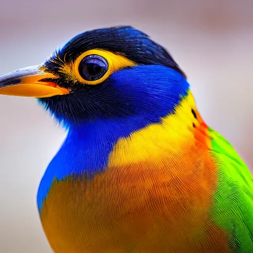 Image similar to colourful bird looking at camera quizzically with tilted head, photograph