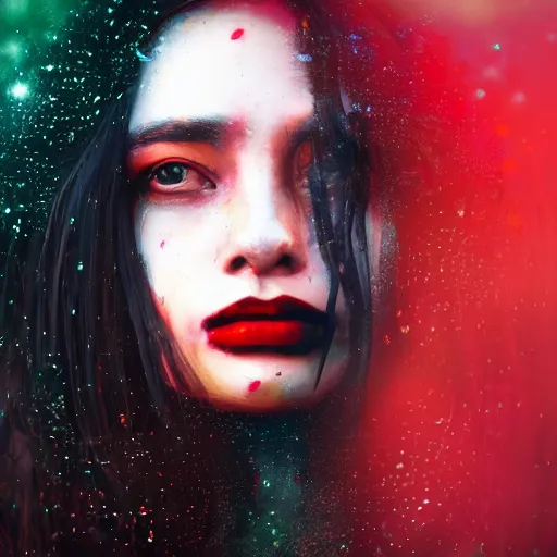 Prompt: masterpiece dynamic portrait of an aesthetic beautiful realistic black haired woman protesting, 3 0 years old woman, mid long hair, black eyed, red peace and love symbol on the cheek, digital painting by wlop, atmospheric red effects, sparkles, artstation, deviantart, large view, motion blur, black background