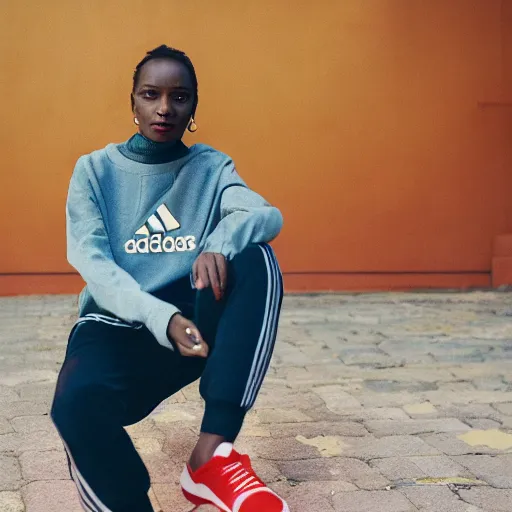 Image similar to realistic photoshooting for a new adidas lookbook, color film photography, portrait of a beautiful blonde woman, in style of Nadine Ijewere, Myles S. Golden, David Uzochukwu, Davey Adesida, Joshua Woods, Abdourahman Njie 35mm, film photo